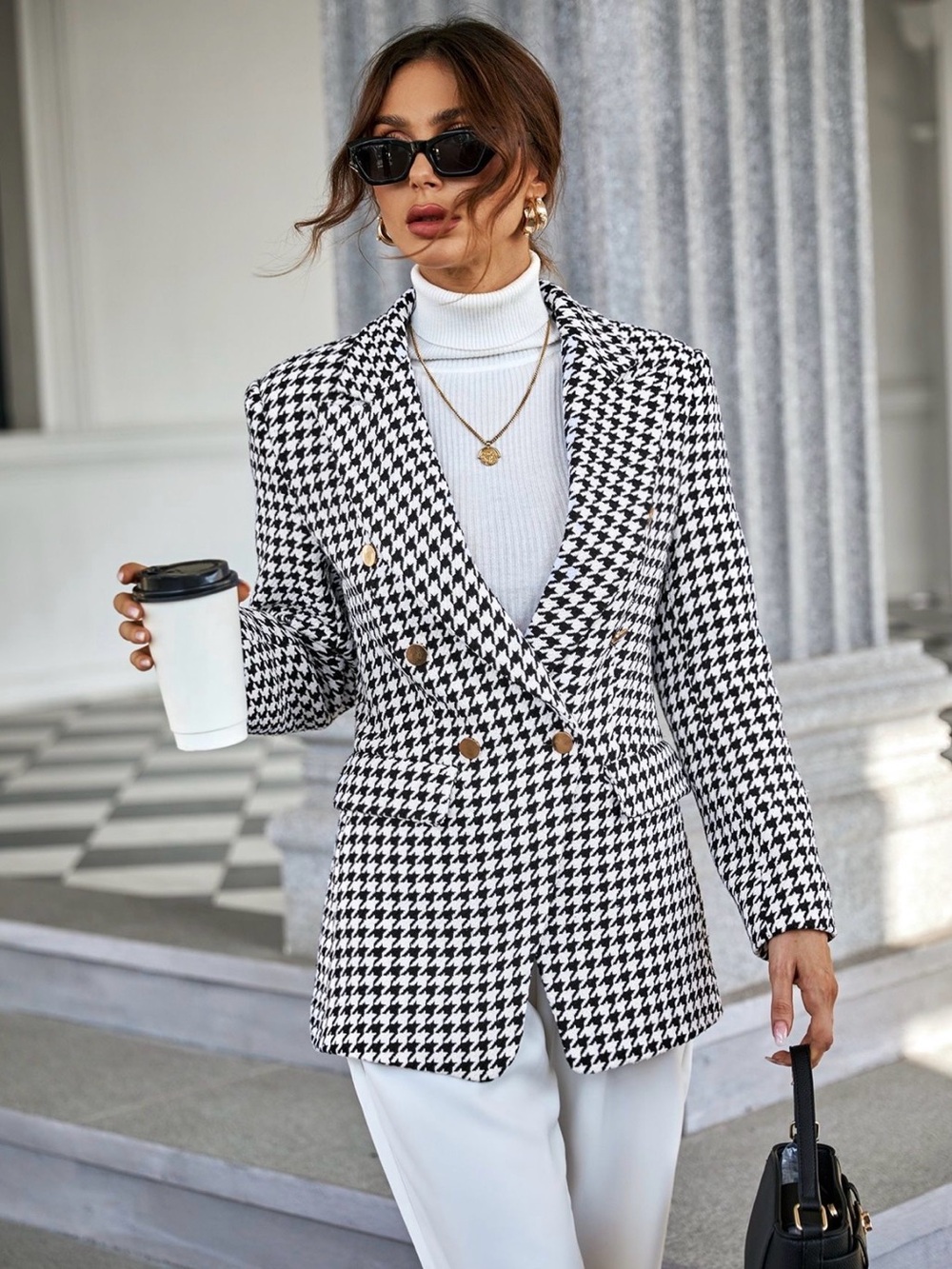 Zara Black & White Houndstooth Double-Breasted Blazer Large